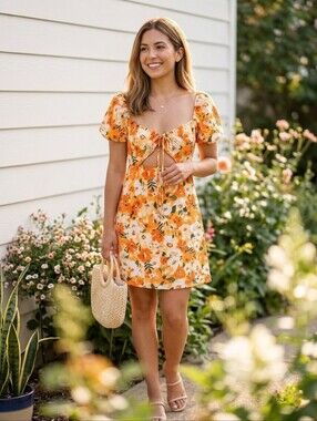 ​H&M Divided Orange Floral Cutout Mini Dress Puff Sleeve XS